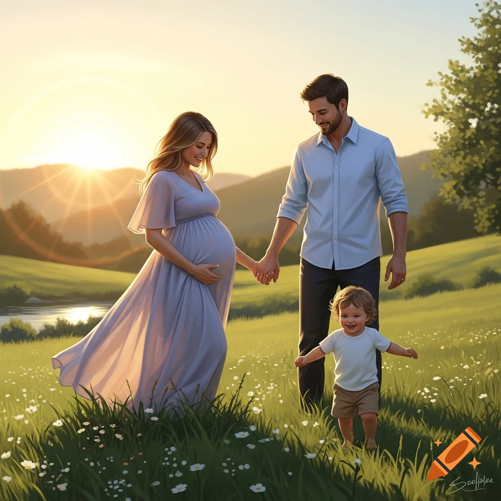 A happy family, with a pregnant mother, a father, and a toddler, walks through a flowery field at sunset.