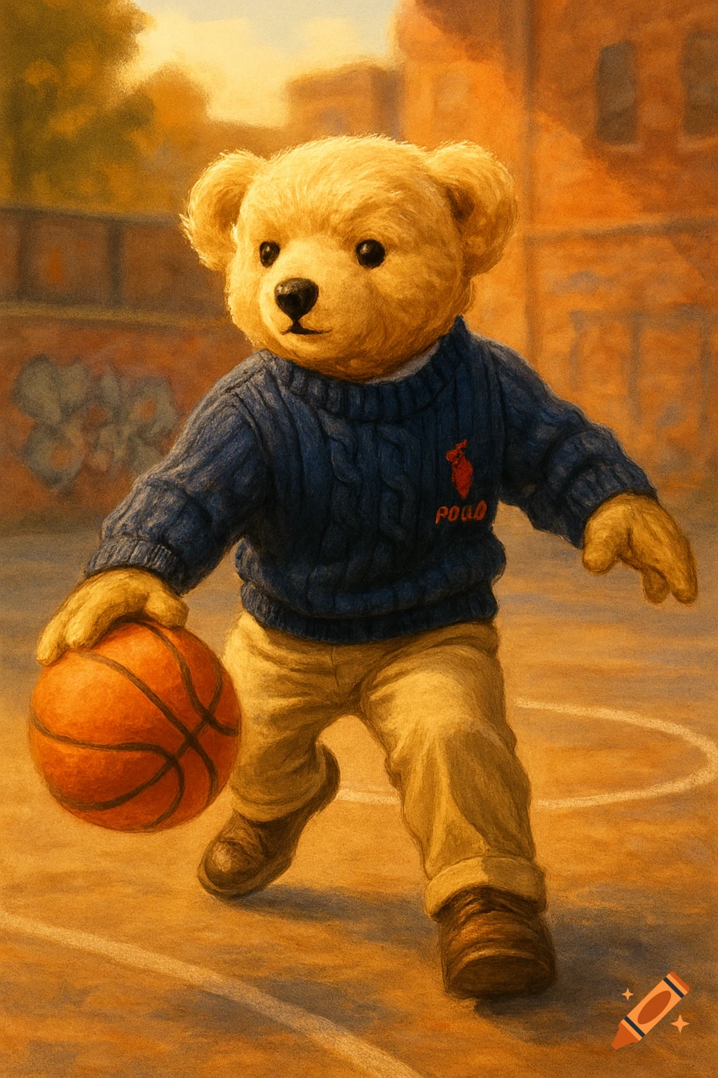 A fluffy light brown teddy bear in a blue cable-knit sweater and khaki pants dribbling a basketball on a court, in a painterly style.