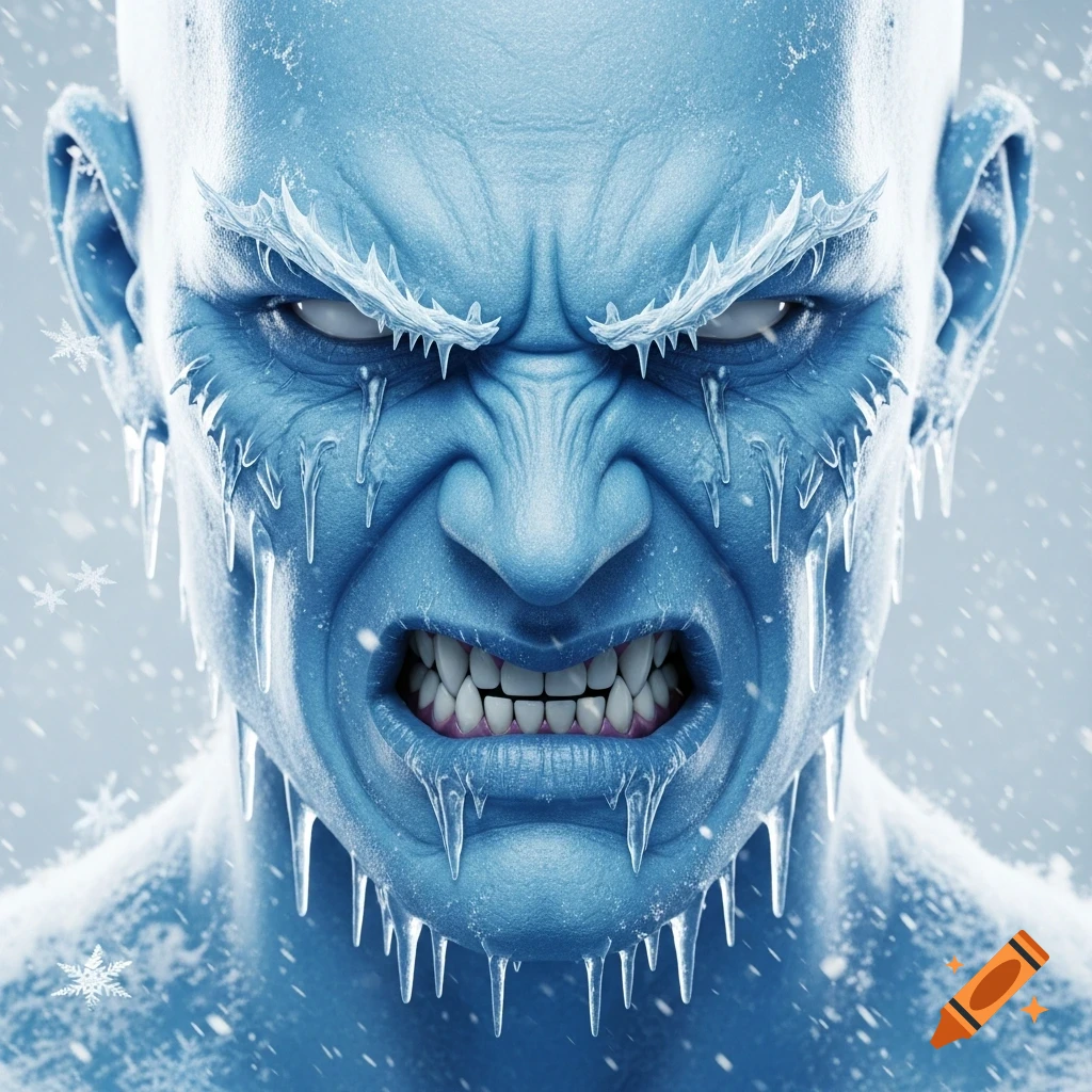 Close-up of an angry, icy blue monster face with gritted teeth and sharp icicles frozen to its skin, against a snowy background.