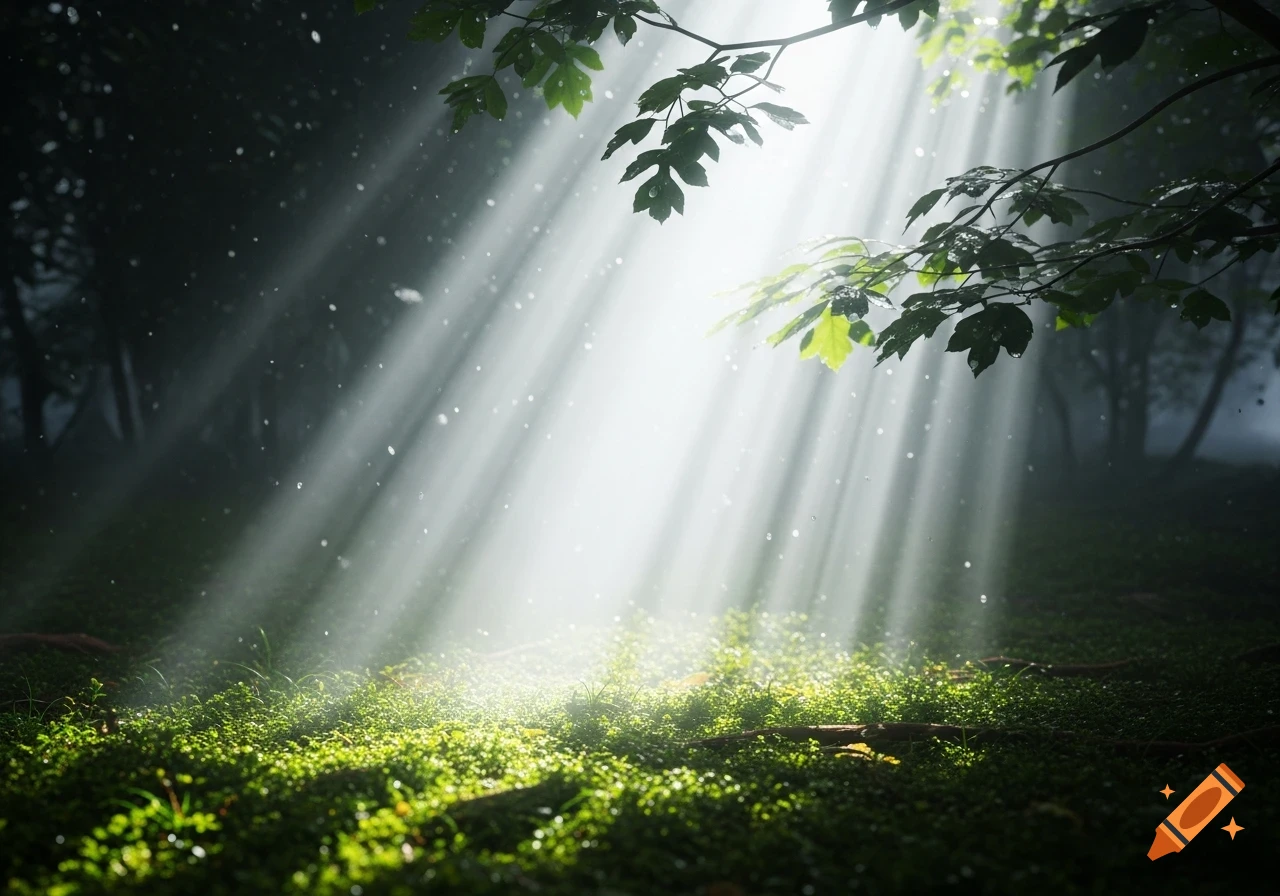 Sunlight rays piercing through tree branches onto a mossy forest floor, creating a serene, luminous scene.