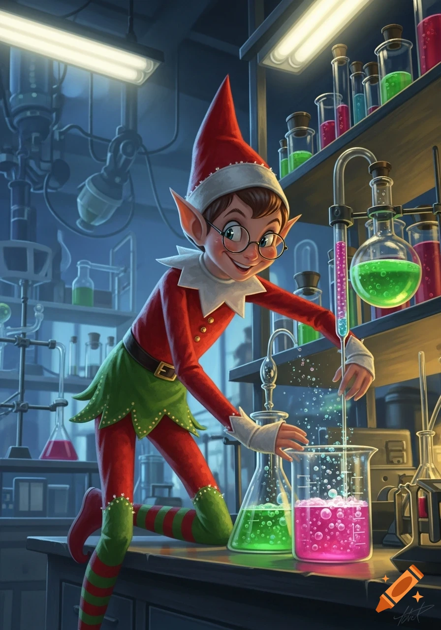 A joyful Christmas elf in a red and green outfit mixes colorful liquids in beakers in a whimsical chemistry lab, digital art.