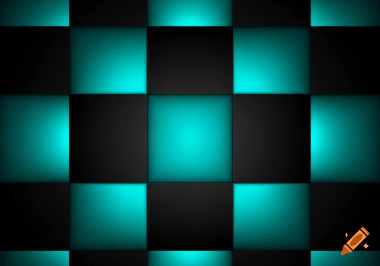 A black and turquoise checkerboard pattern with glowing turquoise squares.
