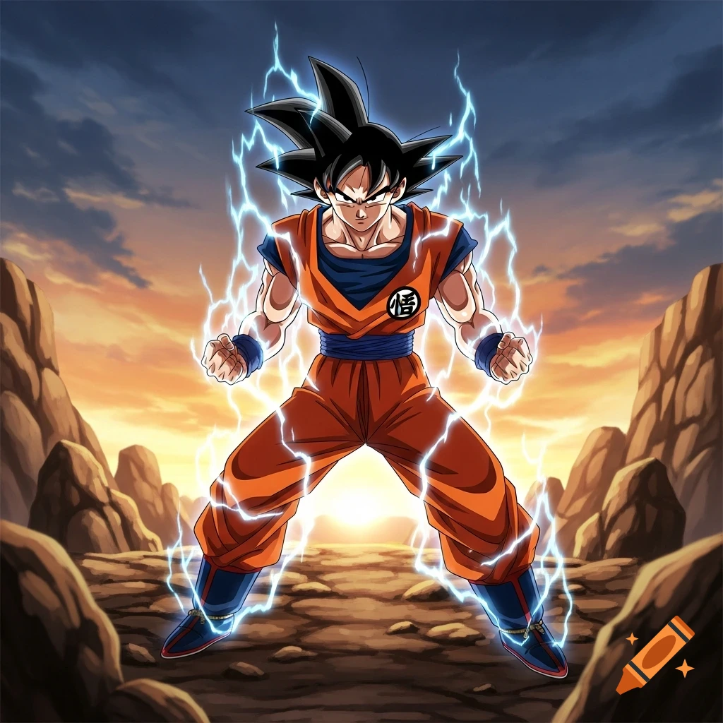 Goku from Dragon Ball powers up with blue lightning in a rocky desert landscape at sunset, in anime style.