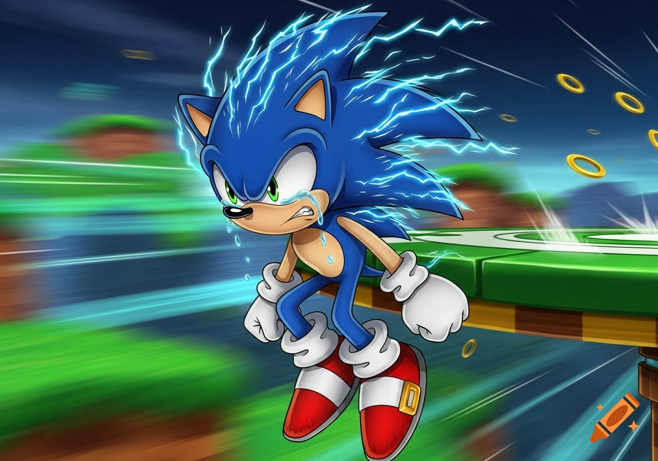 Cartoon Sonic the Hedgehog, angry and crying with electricity, running fast on a green platform with golden rings.