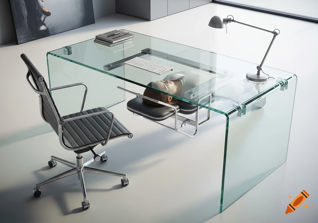 A modern office features a clear glass desk, a stylish black chair, and a person lying on their back under the desk on a custom device.