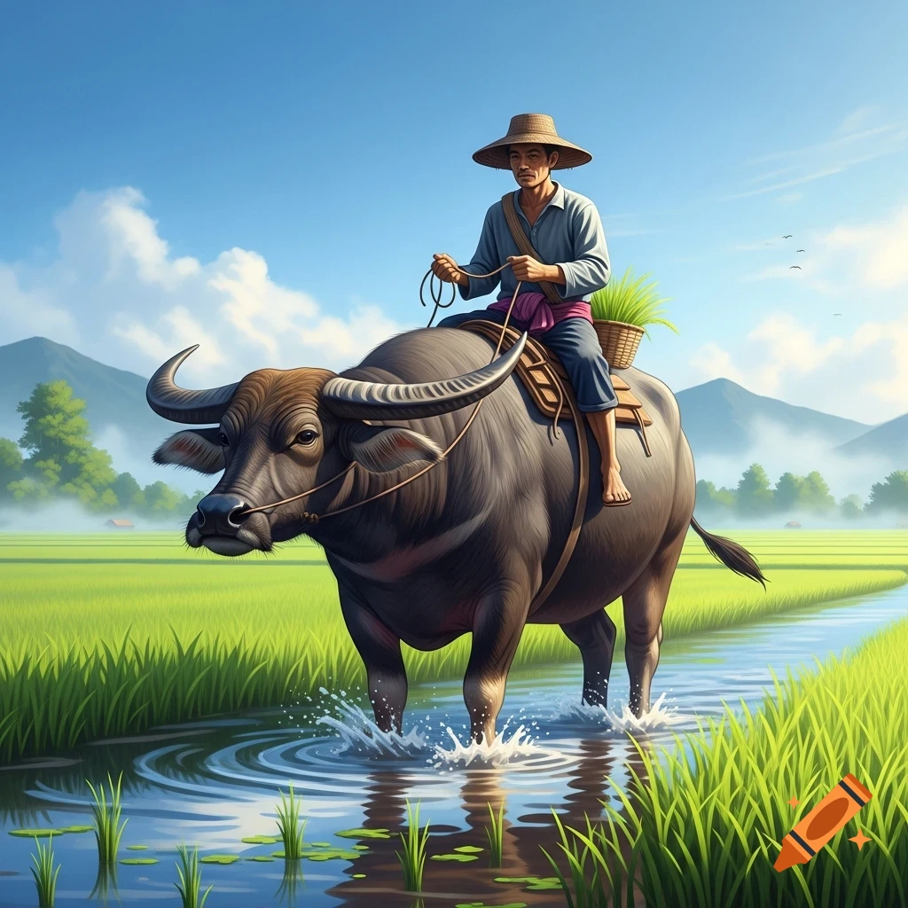 A man in a straw hat rides a water buffalo through a shallow stream in a vibrant green rice field, with mountains in the background.