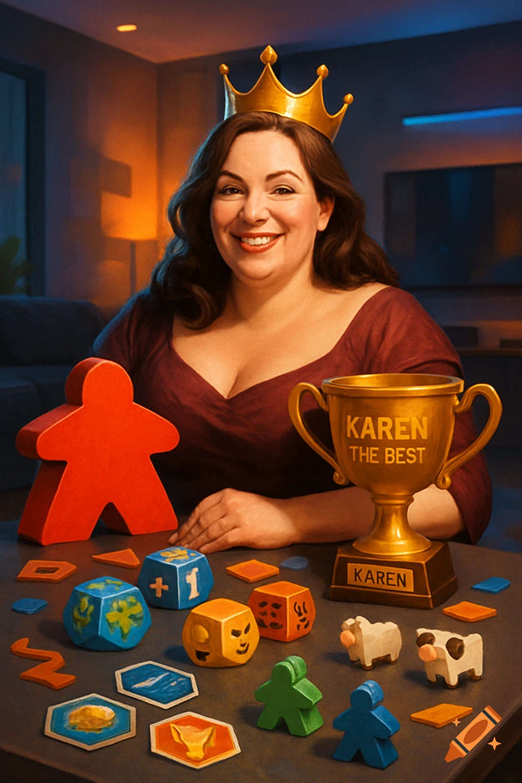 Smiling woman in a crown at a table with board game pieces and a 'Karen The Best' trophy, in a realistic digital painting.