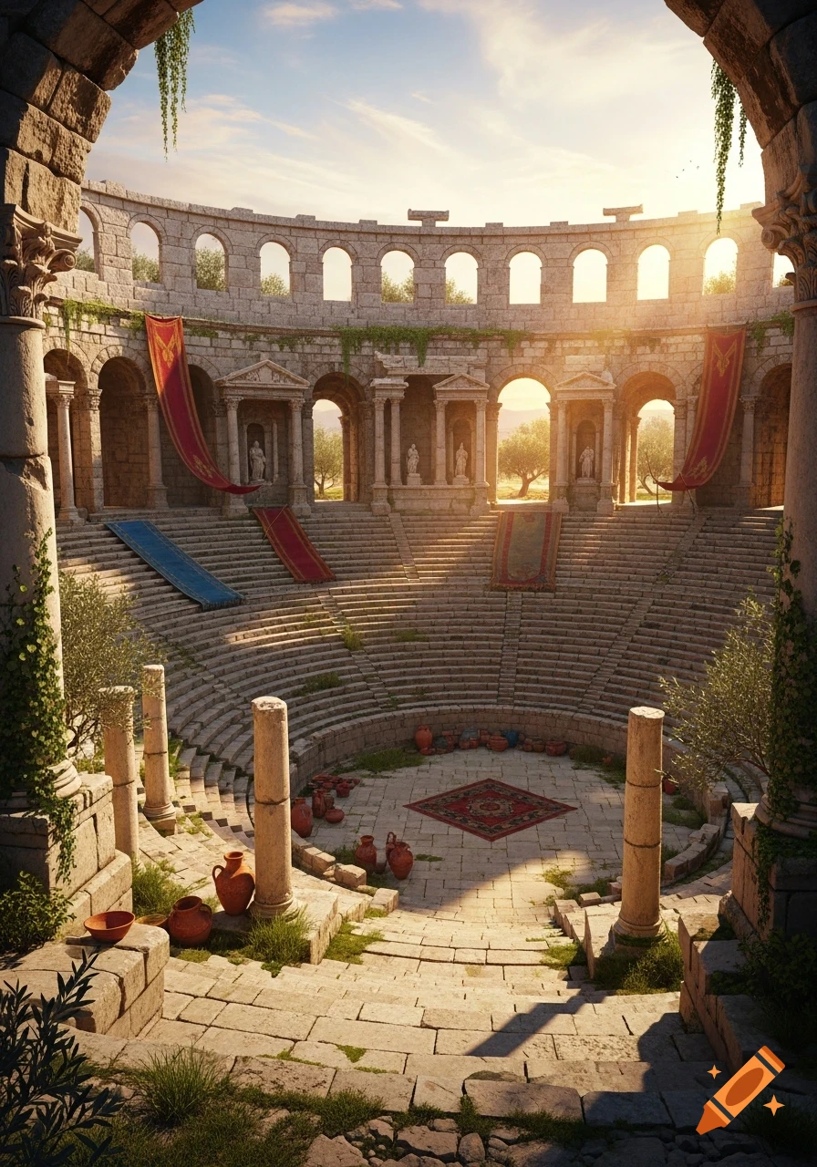 A sunlit ancient Roman amphitheater with stone seats, columns, red and blue banners, and terracotta pots in the arena.