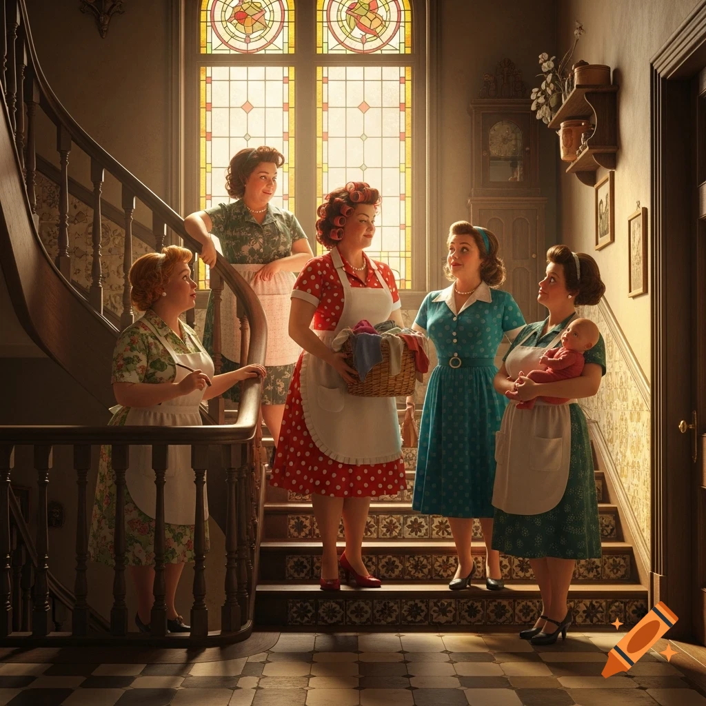 Five women in vintage dresses and aprons, one holding a baby and another a laundry basket, gather on a grand wooden staircase illuminated by stained glass windows.