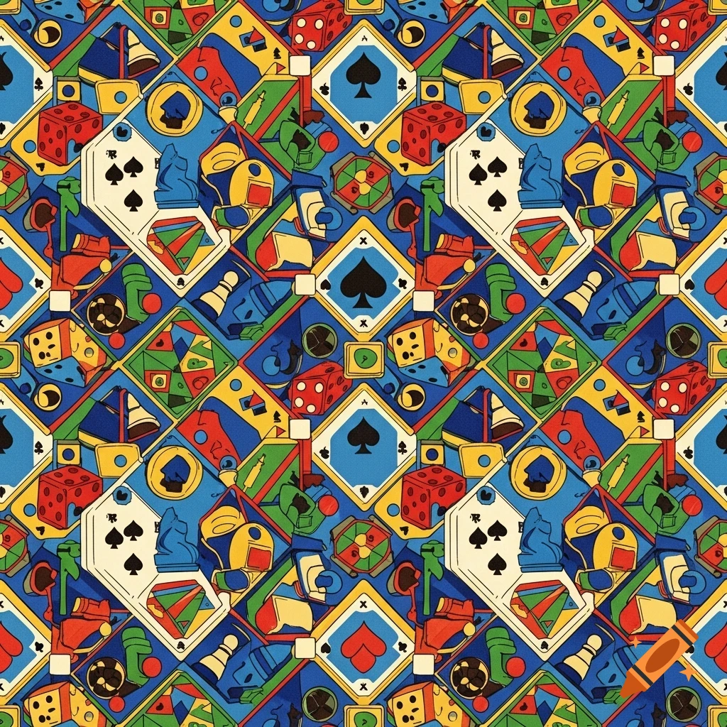Brightly colored repeating pattern of abstract classic game pieces like playing cards, dice, and chess pieces in a risograph style.