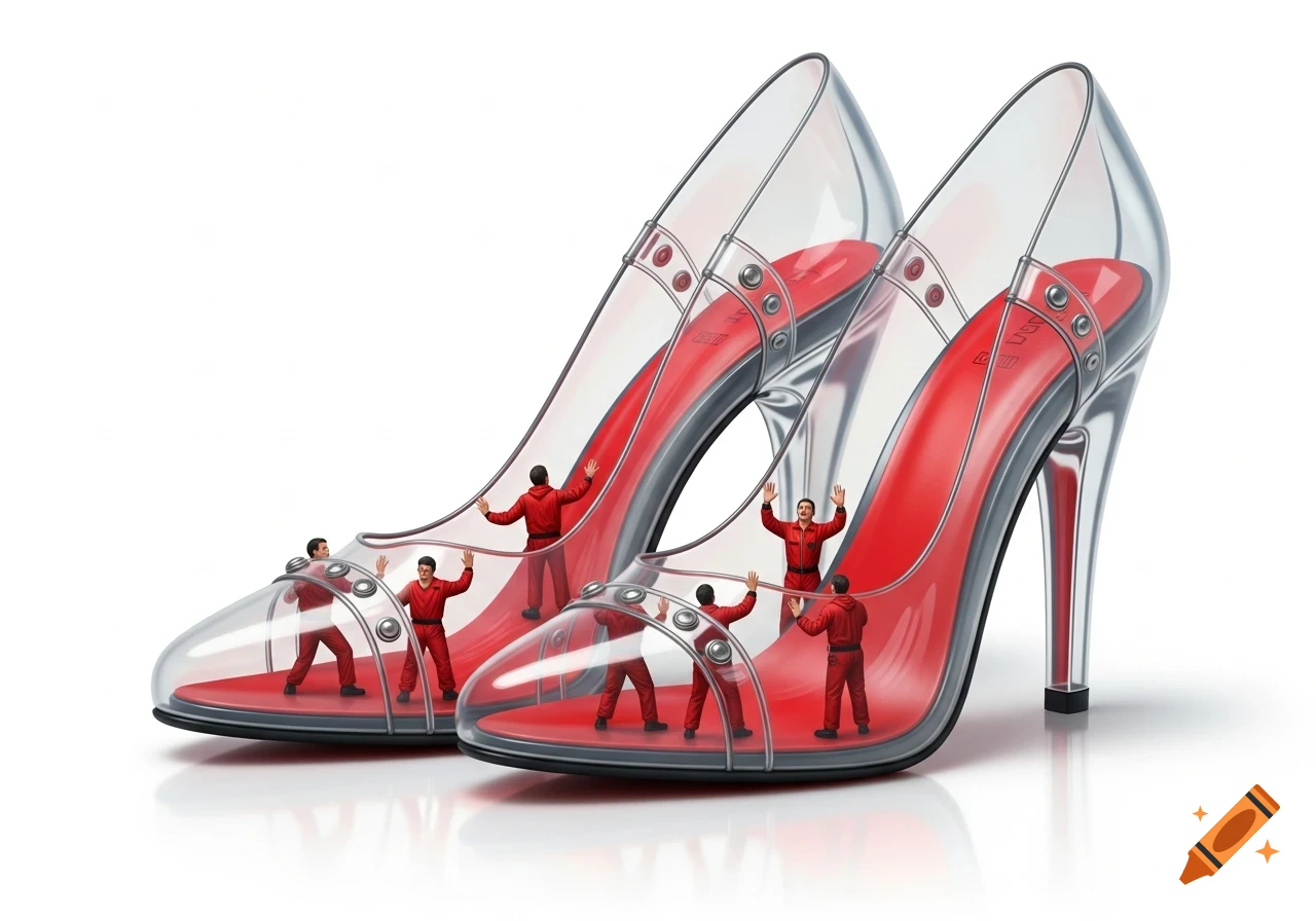 Transparent high heels with red insoles, containing miniature men in red jumpsuits trapped inside the platform soles, on a white background.