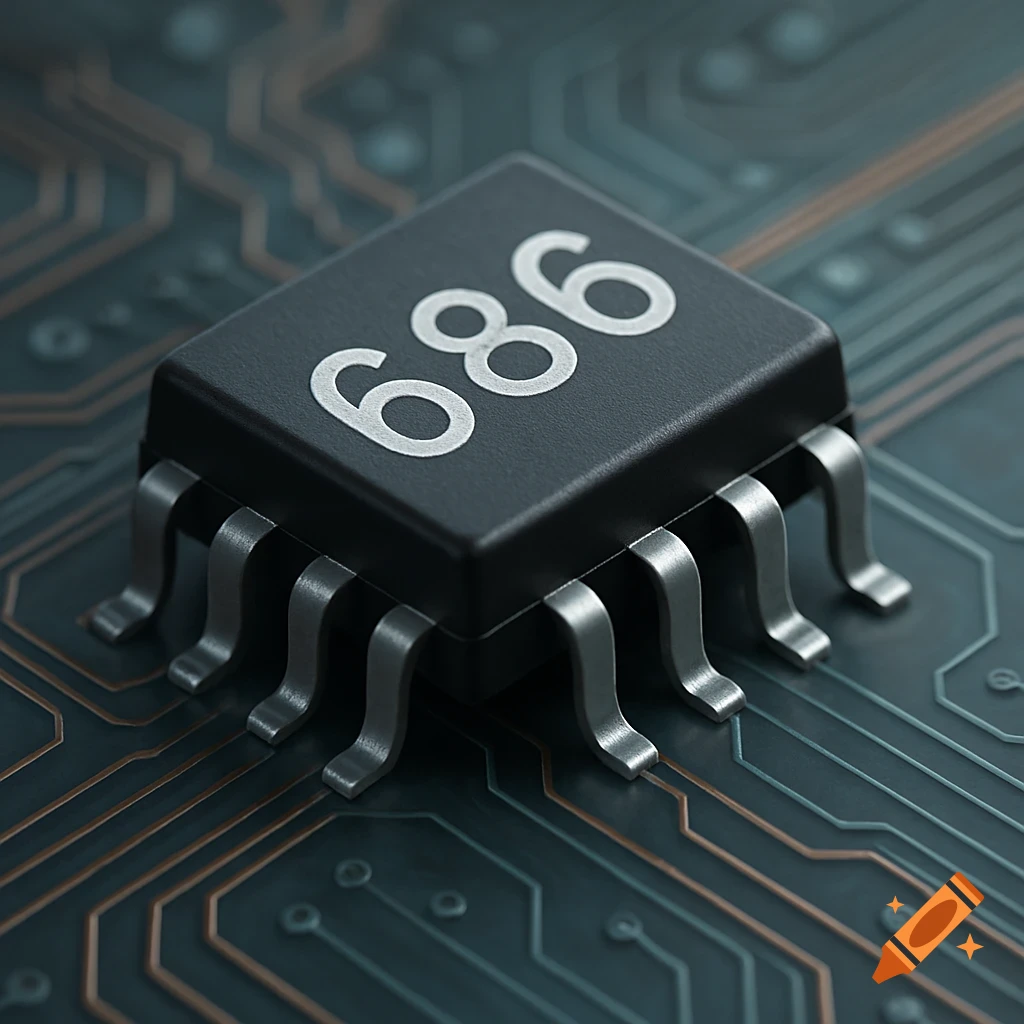 A close-up, photorealistic image of a black integrated circuit with "686" printed on top, sitting on a circuit board.