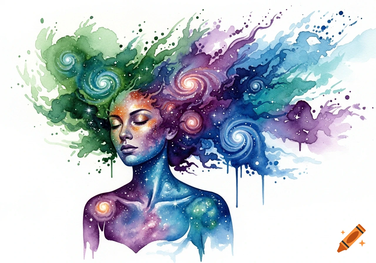 Watercolor painting of a woman with closed eyes, her head and body swirling with green, purple, and blue cosmic nebulae, galaxies, and stars.