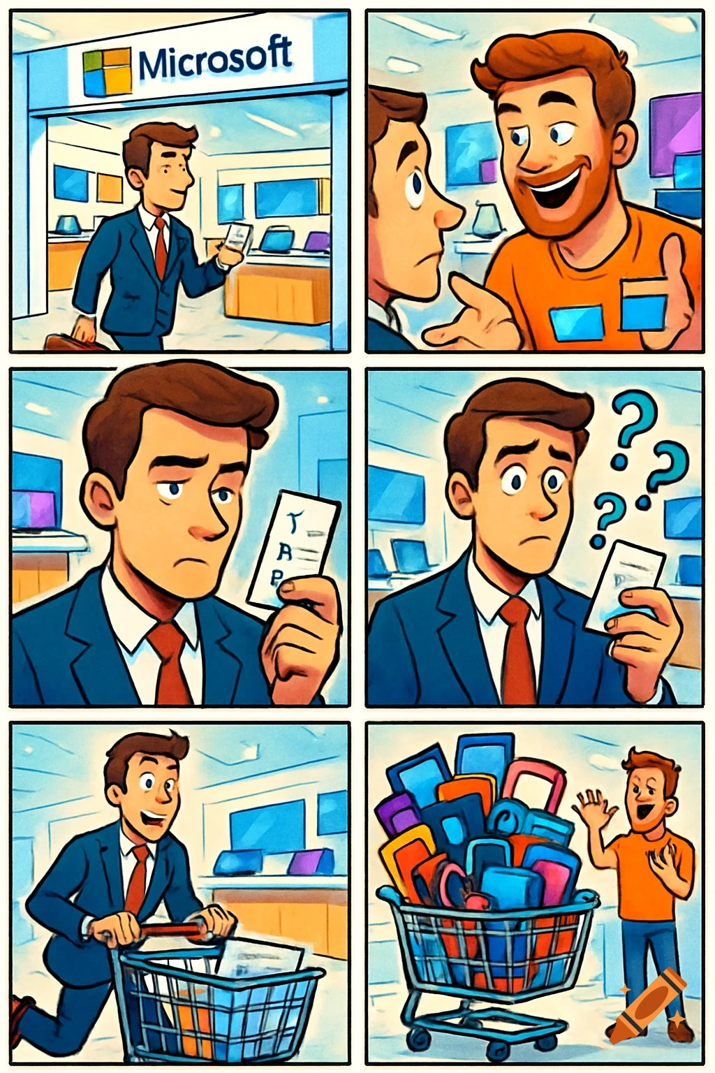 A six-panel cartoon comic shows a man in a suit entering a Microsoft store, consulting a shopping list, then leaving with a shopping cart overflowing with items, while a salesman waves goodbye.