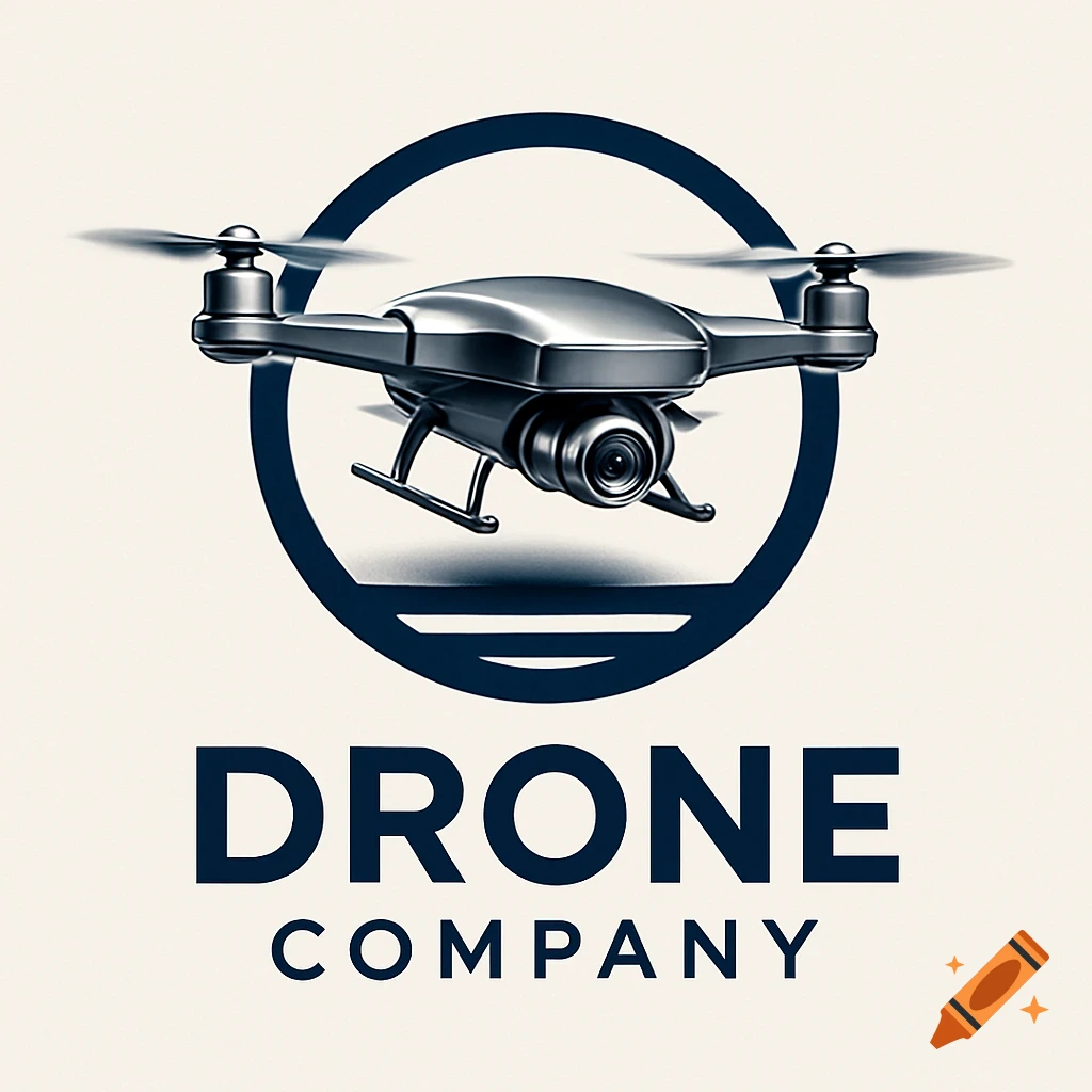 A modern metallic drone centered within a dark blue circular logo, with "DRONE COMPANY" text beneath it on a light background.