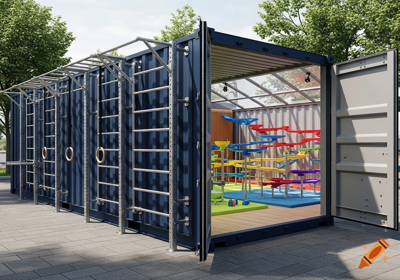 A repurposed dark blue shipping container. One side features outdoor calisthenics bars and rings, while the open interior reveals a colorful, multi-level marble run on a wooden floor.