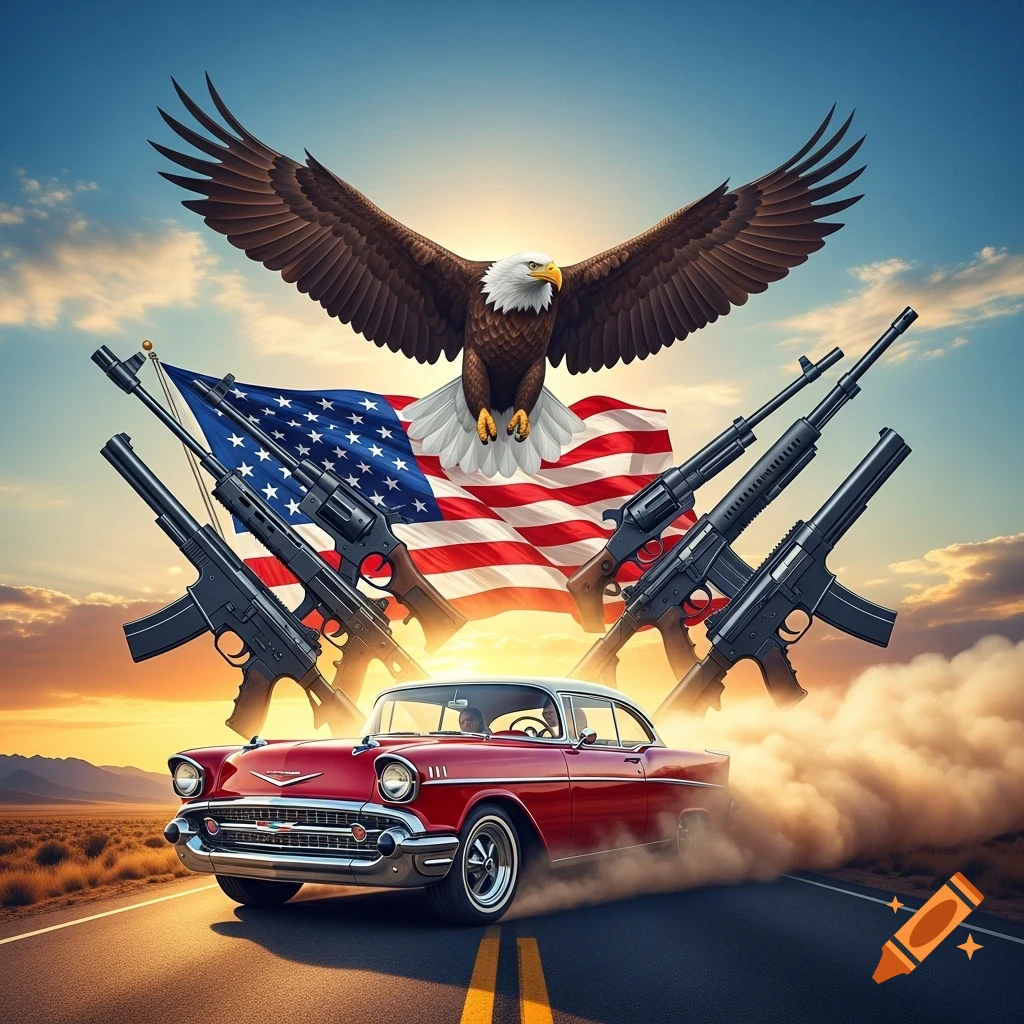 A vibrant illustration of a bald eagle soaring over an American flag, classic red car, and several rifles at sunset.