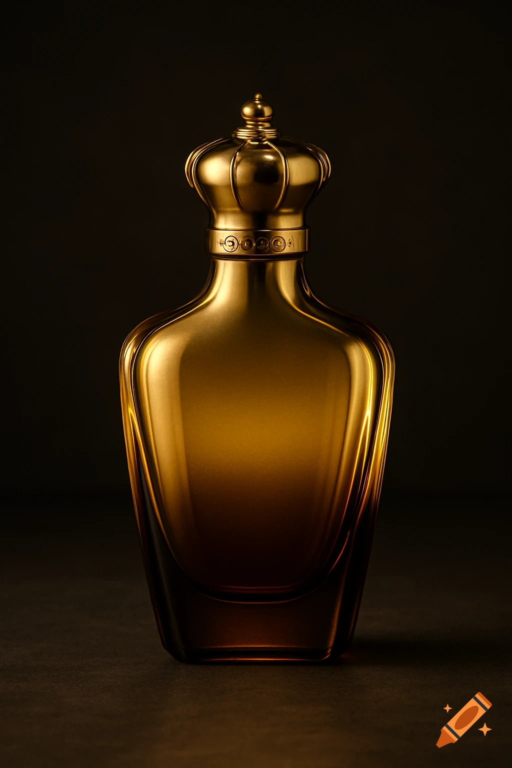 A luxurious gold perfume bottle with a crown-shaped cap, featuring a strong gold-to-brown gradient, set against a dark, dramatic background.