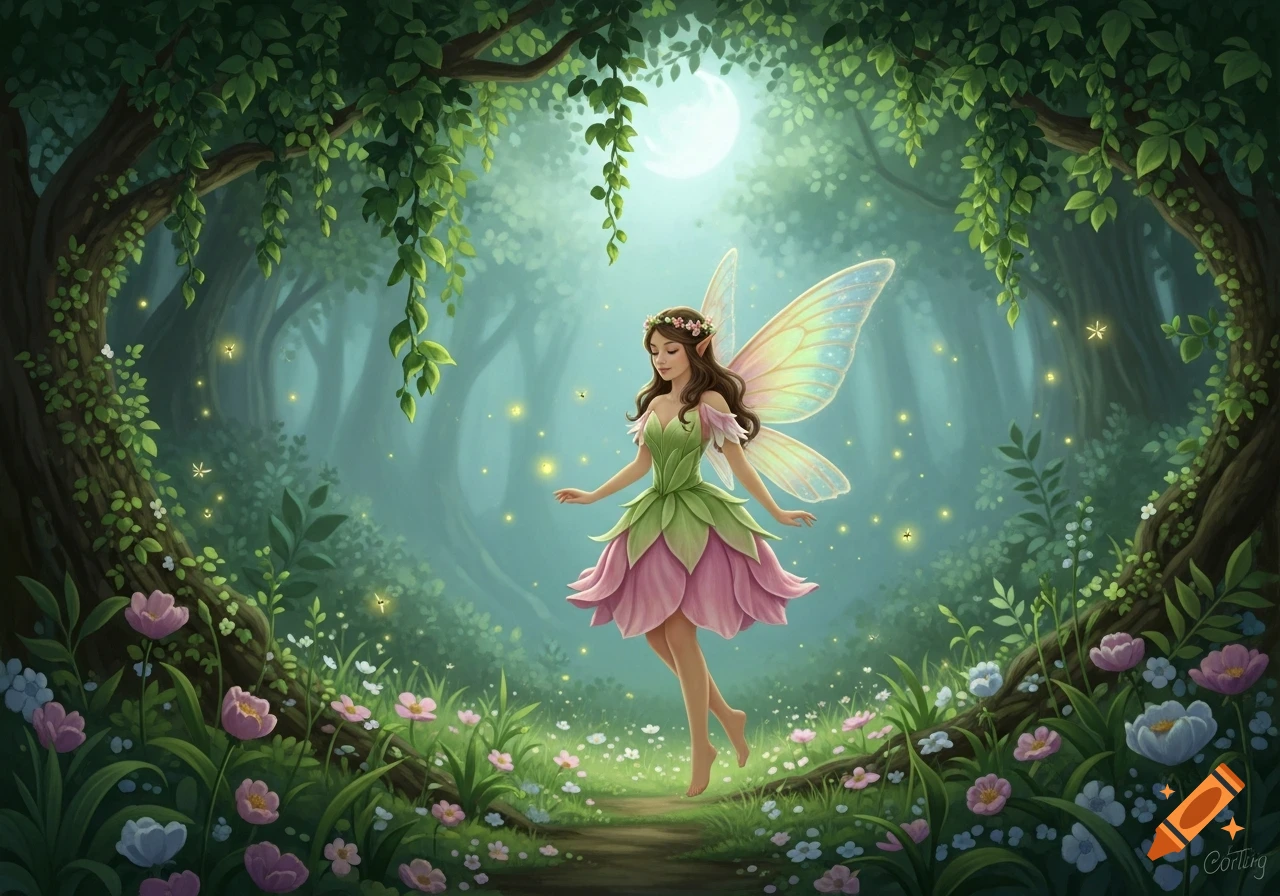 A fairy with translucent wings, a leaf dress, and a flower crown floats in an enchanted forest with glowing fireflies under a full moon.