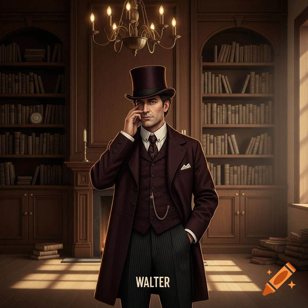 A man in a top hat and maroon suit stands in a wood-paneled library, lit by sunlight.