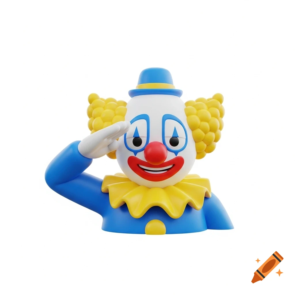 A 3D render of a friendly clown emoji, with a white face, red nose, blue hat, yellow ruffled collar, and yellow puffy hair, saluting.