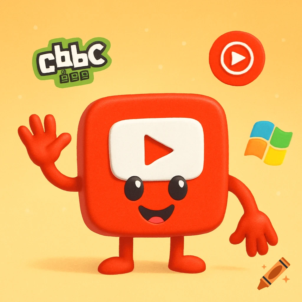 A 3D cartoon red YouTube Kids icon character waving, with CBBC, YouTube Music, and Windows logos on a yellow background.