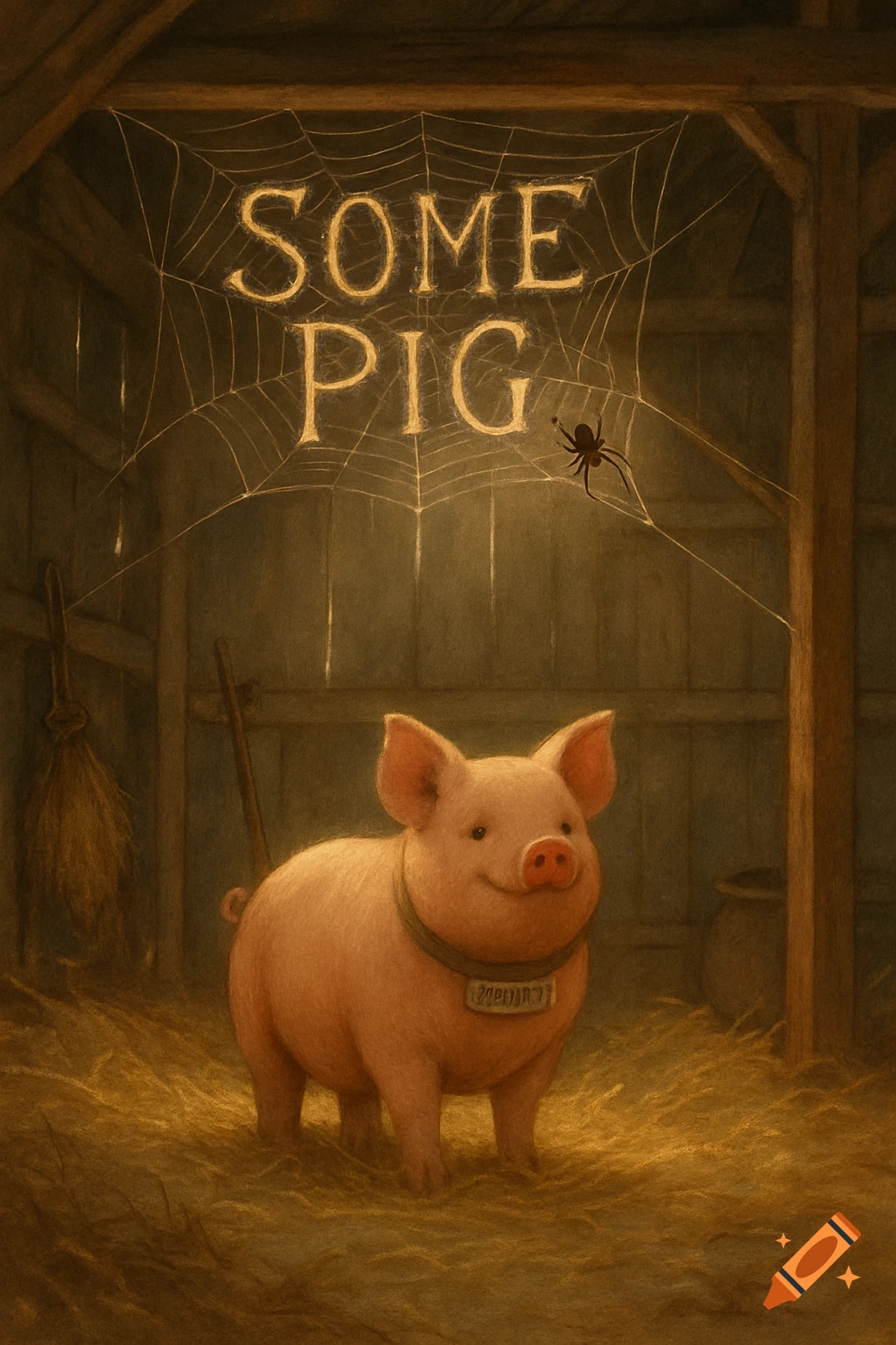 A smiling pig with a collar stands in a barn on hay, under a spider web spelling 'SOME PIG' with a spider. Illustration style.