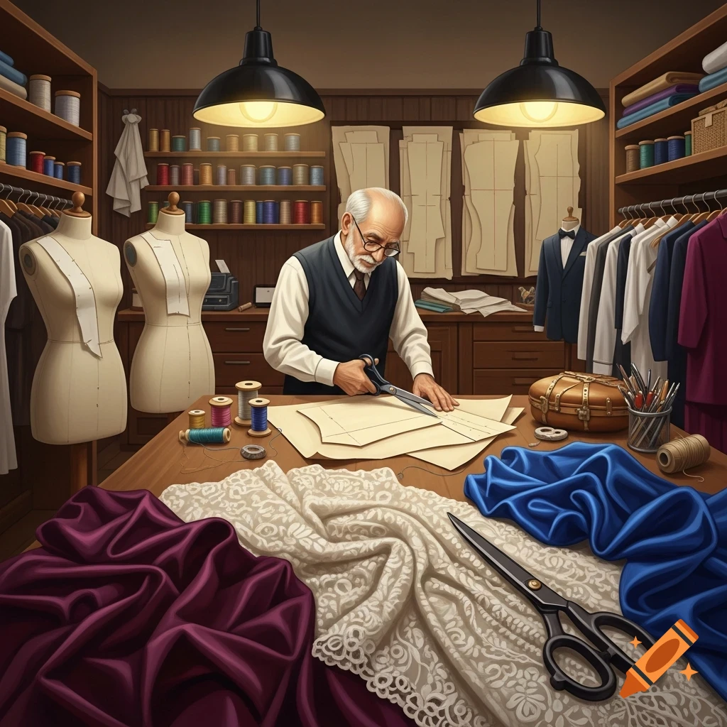 An old tailor with a beard and glasses cuts fabric patterns in a detailed workshop, surrounded by textiles, mannequins, and spools of thread.