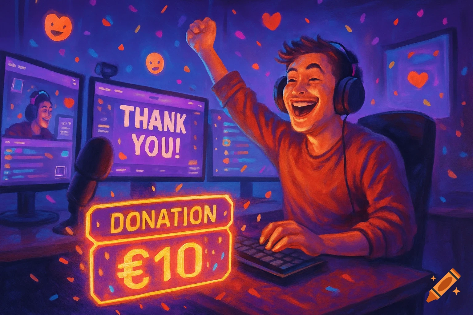 A joyful male streamer with headphones celebrates a " "10 DONATION" on his screen, which also displays "THANK YOU!", surrounded by confetti in a vibrant illustration.