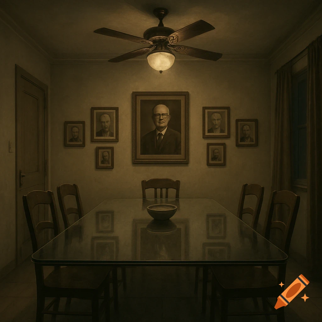 A dimly lit dining room with a glass table, wooden chairs, a ceiling fan, and multiple framed portraits of men on the wall.