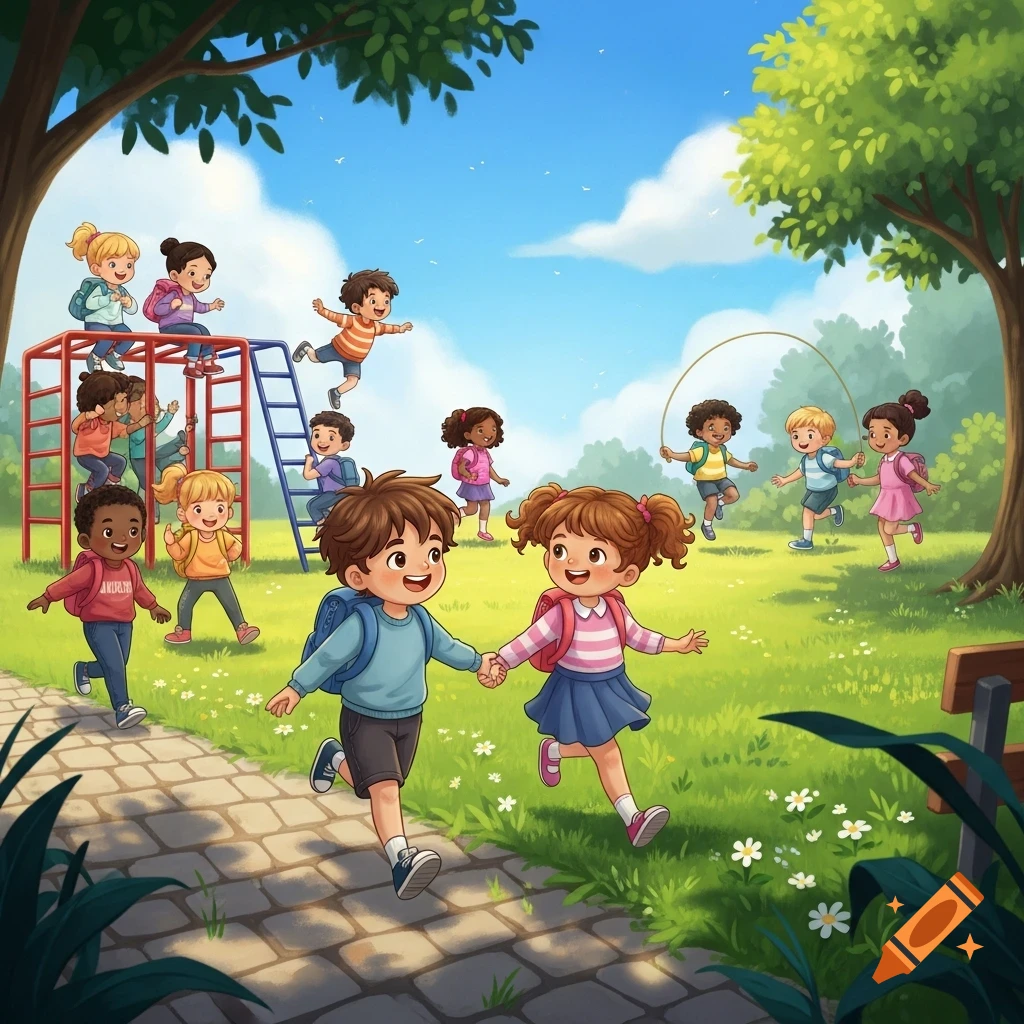Diverse elementary school children play and run happily in a sunny cartoon park with a playground and trees.