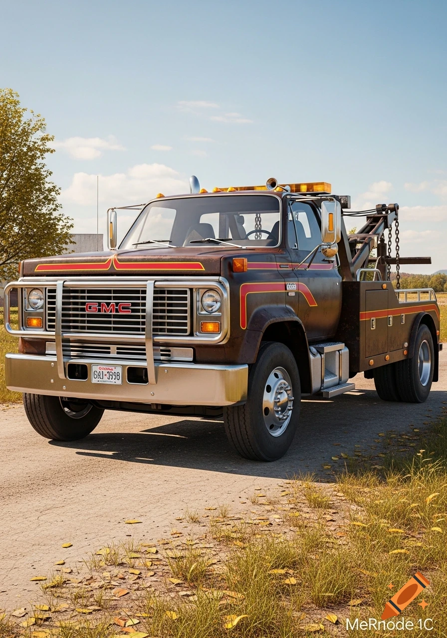 A photorealistic image of a vintage brown and red 1980 GMC TopKick C7000 tow truck parked on a dirt road under a clear blue sky.