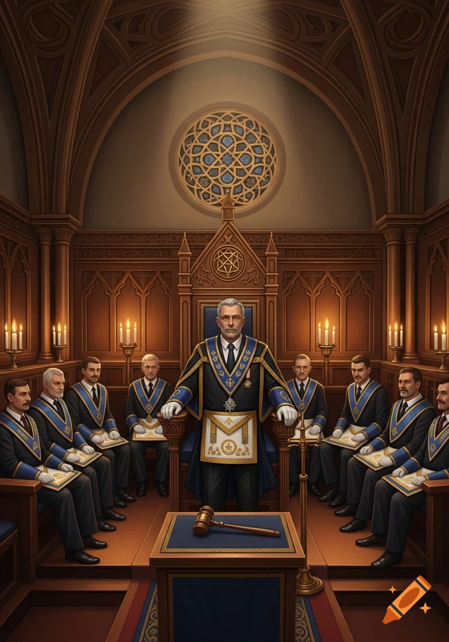 A group of men in elaborate masonic robes gather in an ornate, candlelit lodge hall with a central leader.