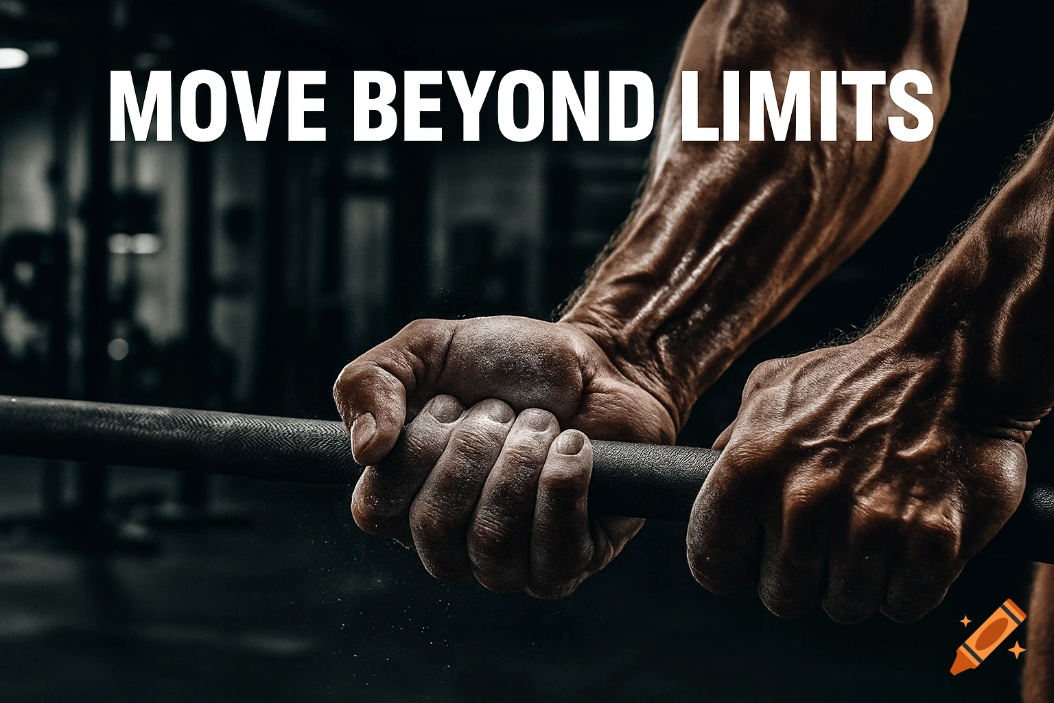 Dramatic close-up of muscular hands gripping a chalk-covered barbell in a gym, with the text 'MOVE BEYOND LIMITS'.