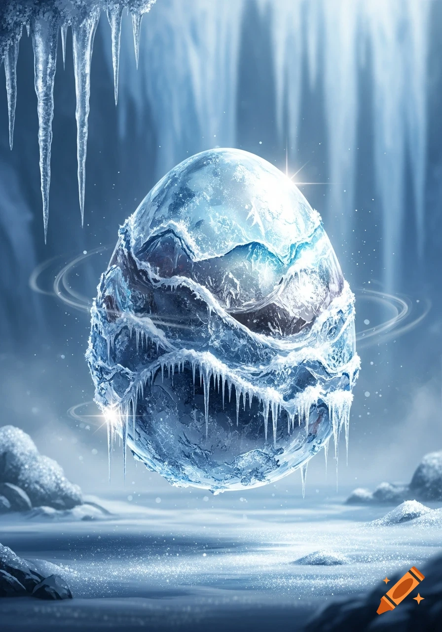 A shimmering, textured ice egg floats in a frozen cave with sharp icicles and sparkling snow.