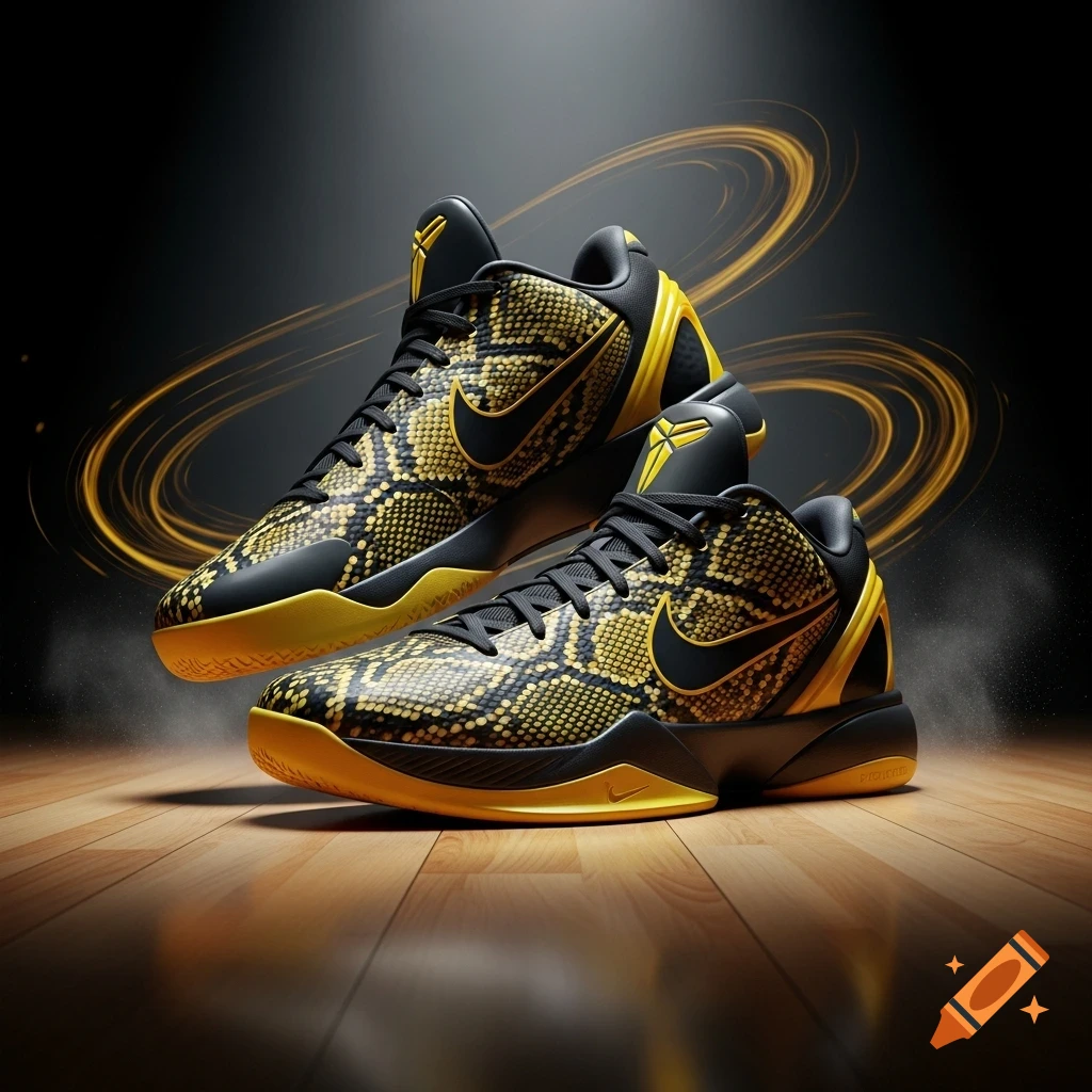 Two black and yellow snakeskin-patterned sneakers with Nike swooshes and Kobe logos float above a wooden floor against a dark background with golden light trails.