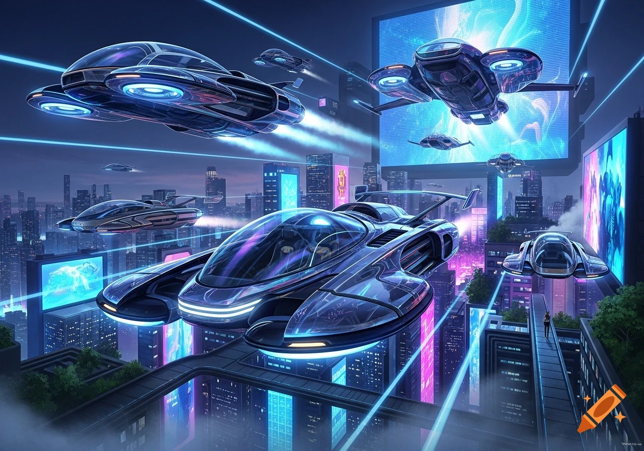 A futuristic cityscape at night featuring sleek, glowing flying ...