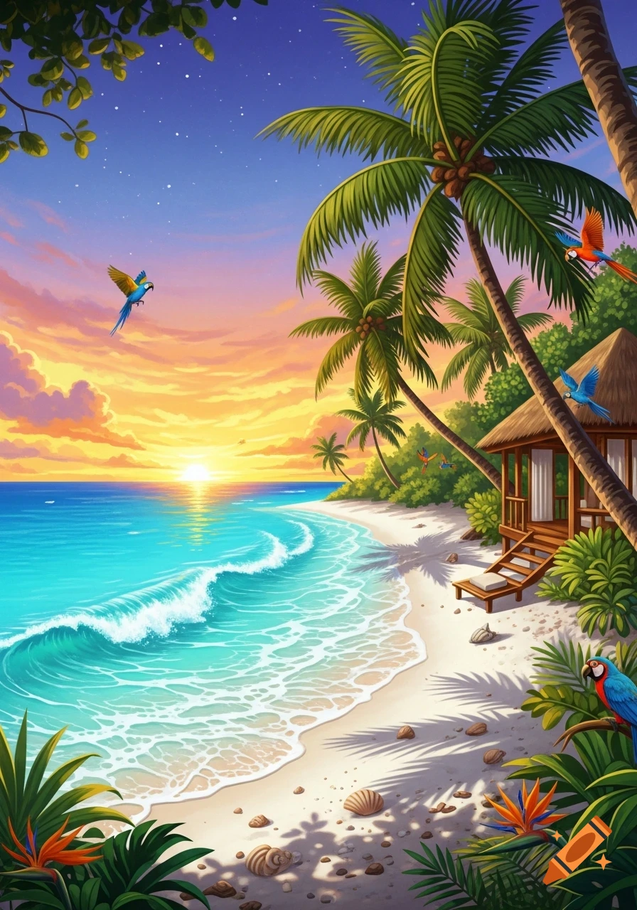 Vibrant illustration of a tropical beach at sunset with a hut, palm trees, ocean waves, and colorful parrots.
