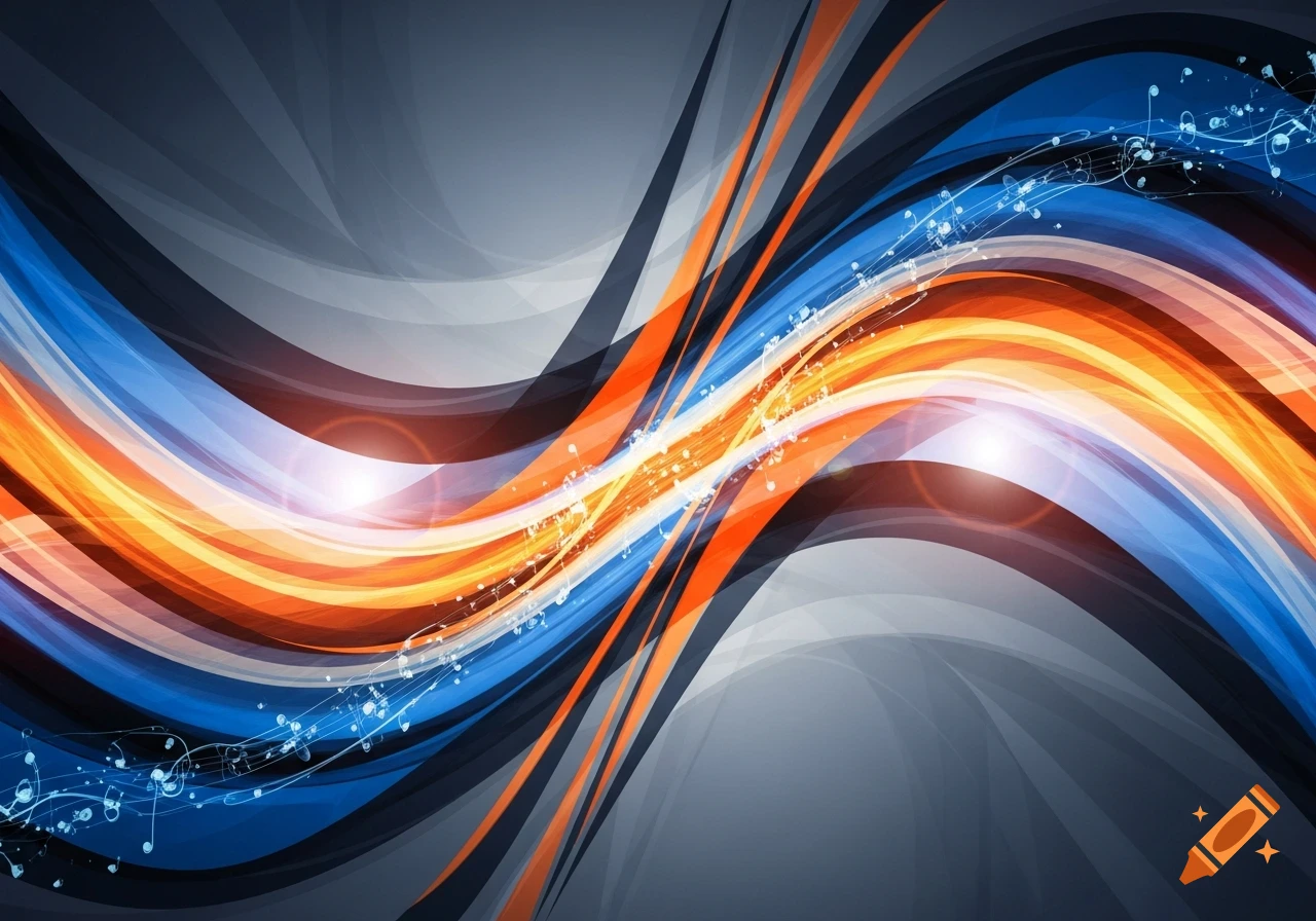 An abstract background featuring a wave of vibrant orange and blue lines intertwining with musical notes, against a dark grey backdrop with a central light flare.