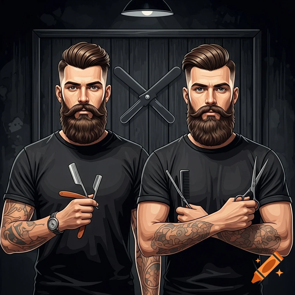 Stylized illustration of two bearded male barbers in black t-shirts, holding razors and scissors, in a dark, rustic barbershop.