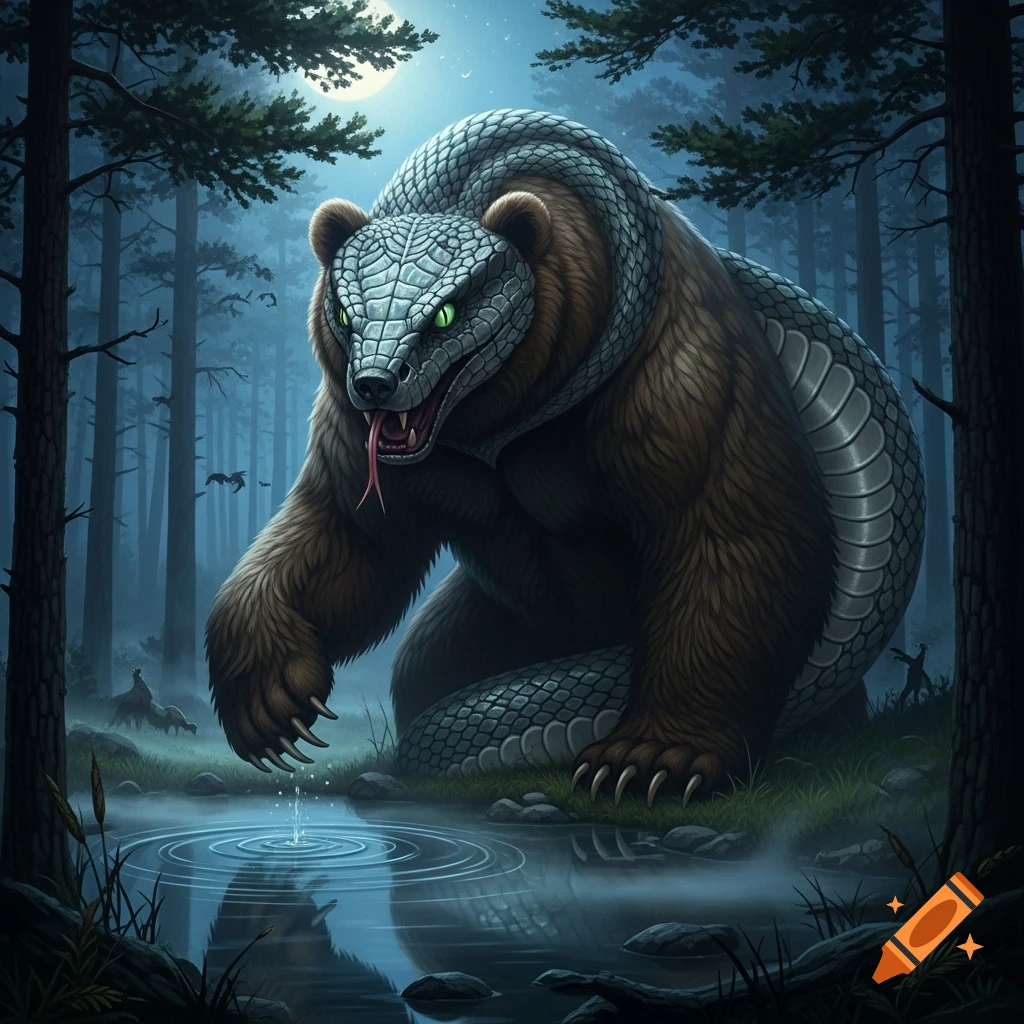 A large, furry bear with a snake head and scales, glowing green eyes ...