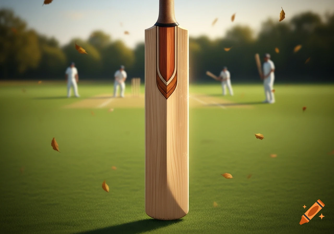 Photorealistic close-up of a wooden cricket bat on a green field with blurred players.