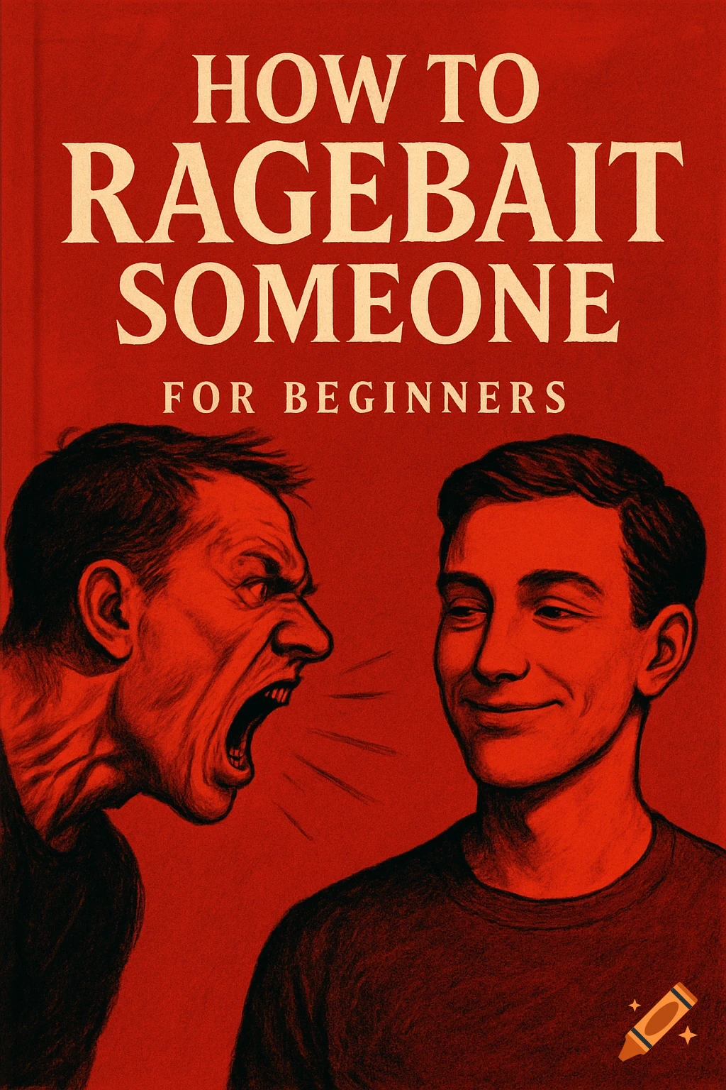 A red book cover titled 'How to Ragebait Someone: For Beginners' showing an angry man yelling at a calmly smiling man in an illustration.