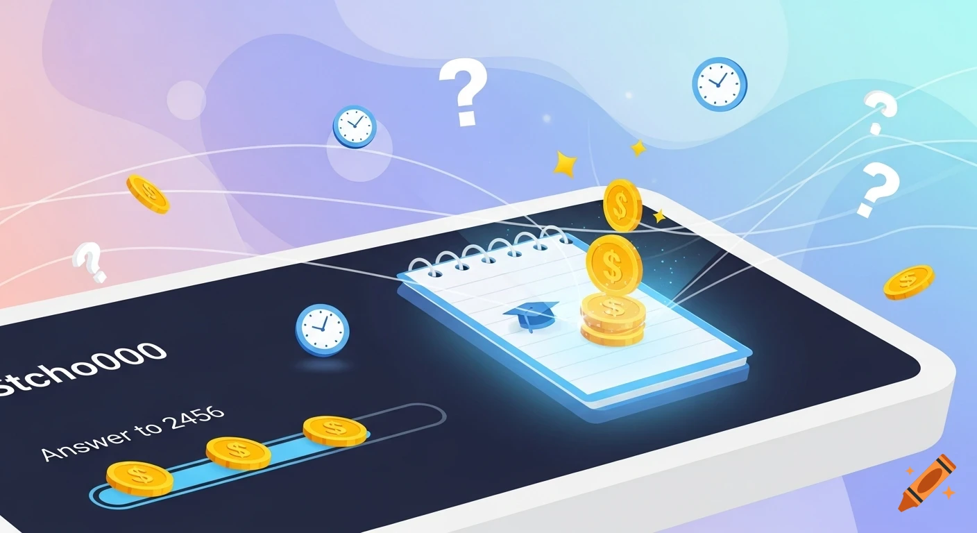 An isometric illustration of a smartphone screen displaying a quiz game interface. A notebook, golden coins, clocks, and question marks float around the screen on a gradient background.