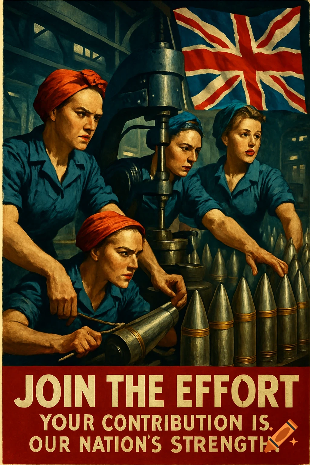 A vintage propaganda poster shows four women factory workers producing munitions under a British flag. Text: "JOIN THE EFFORT YOUR CONTRIBUTION IS OUR NATION'S STRENGTH!"