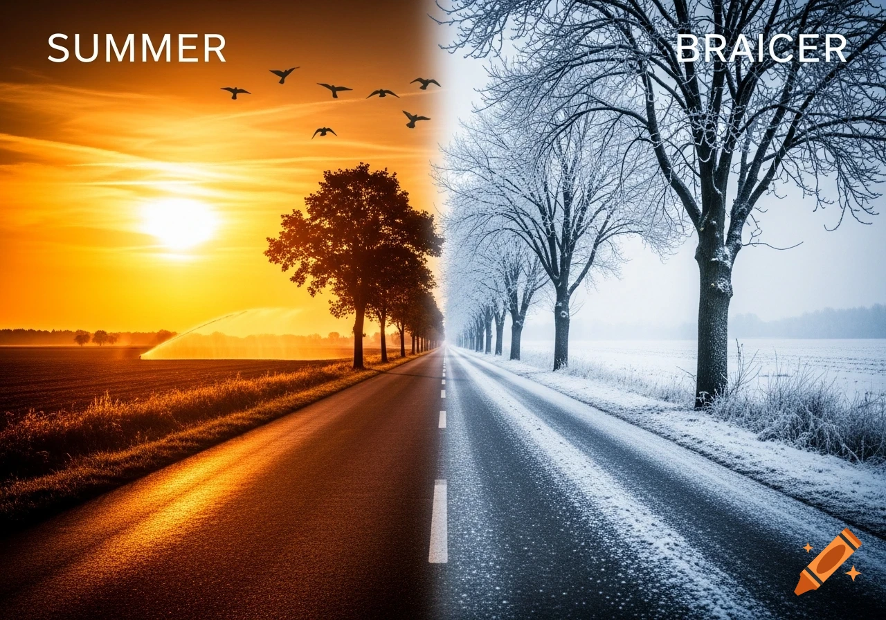 A road splits an image into summer on the left with a warm sunset and green fields, and winter on the right with snow-covered trees and a cold, misty atmosphere.