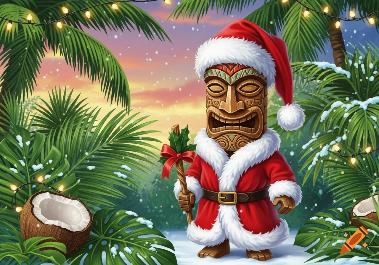 A cartoon Tiki statue dressed as Santa Claus stands in a snowy tropical landscape with palm trees and Christmas lights.