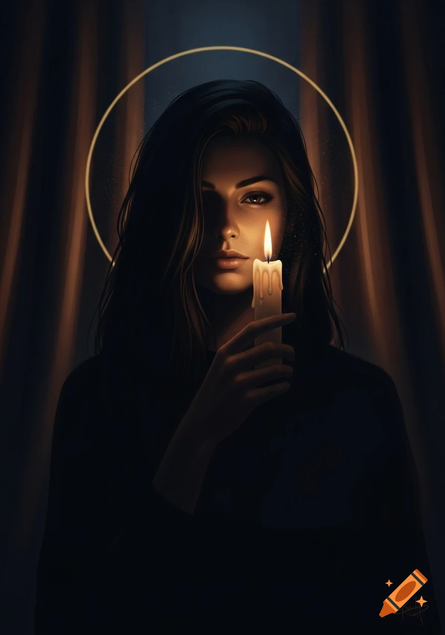 A dark digital art portrait of a woman holding a lit candle, with a golden halo behind her head.