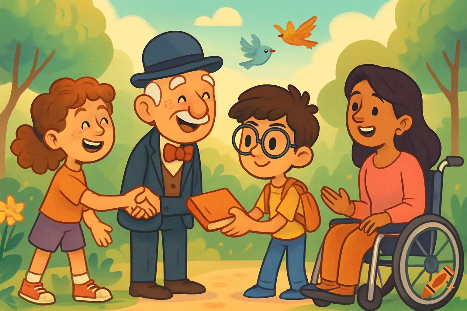 Cartoon of diverse people in a park: a girl shaking hands with an old man, a boy offering him a book, and a woman in a wheelchair.