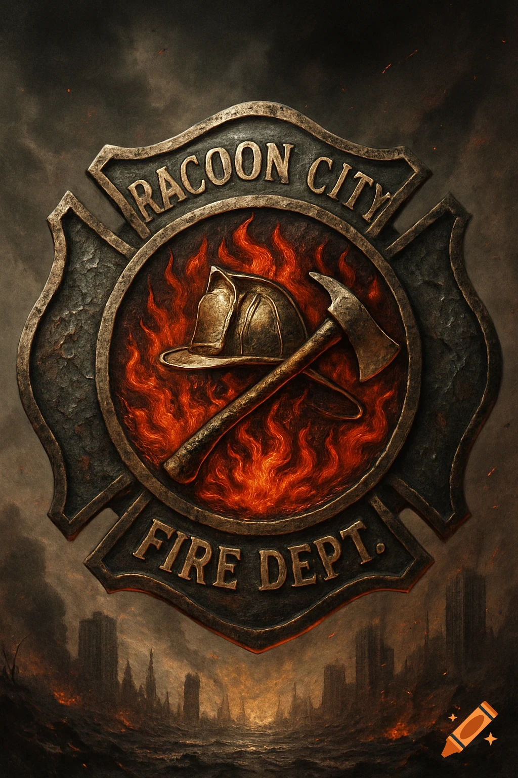 A dark, metallic firefighter's badge for 'Racoon City Fire Dept.', featuring a helmet, axe, and flames, set against an apocalyptic city.